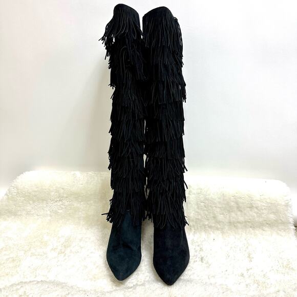 Steve Madden Maraka Over Knee Stiletto Heel Suede Fringe Boots Size 7 Black - Picture 5 of 16